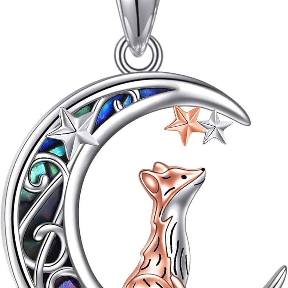Sterling Silver Fox Moon Pendant Necklace Cute Animal Jewelry for Women